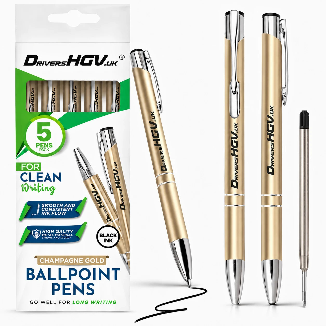 DriversHGV.uk gold metal ballpoint pens 5 pack with black ink